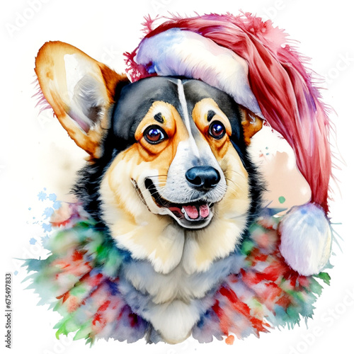 Świąteczny pies Corgi w czapce świętego Mikołaja