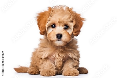 A cute and cheerful toy poodle puppy with apricot-colored fur sits on a white background, showing off his tiny and fluffy beauty.