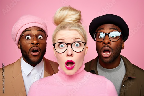 A diverse trio of young people from different backgrounds express shock and excitement in a stylish studio portrait.