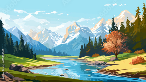 Summer landscape with mountains, river and forest. Vector illustration. Beautiful landscape for print, flyer, background. Travel concept.