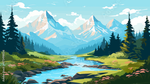 Summer landscape with mountains, river and forest. Vector illustration. Beautiful landscape for print, flyer, background. Travel concept.