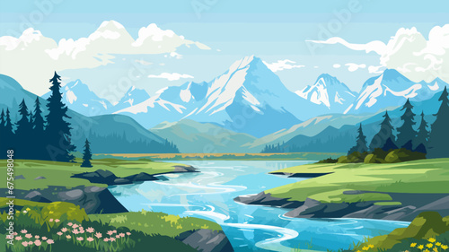 Summer landscape with mountains, river and forest. Vector illustration. Beautiful landscape for print, flyer, background. Travel concept.