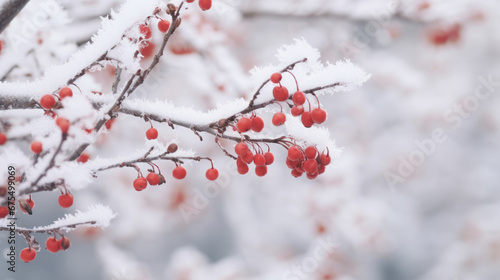 A serene winter scene where red berries and tree branches are delicately frosted with white snow and ice crystals, highlighting the cold beauty of nature