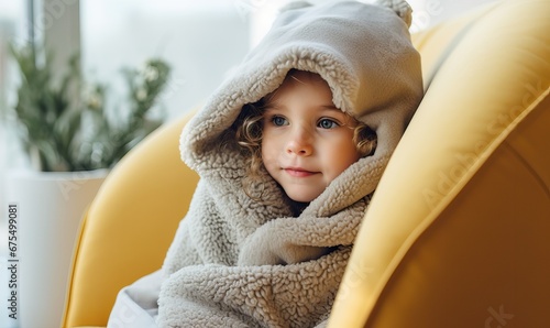 Toddler girl wear hat wrapped in plaid sit alone shivering from cold on sofa, heated apartment without heating due debt. Unhealthy child feeling discomfort try to warming up