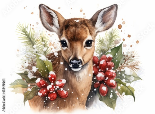 Christmas greeting card in vintage style. Watercolor drawing of a cute deer in snow-covered branches with berries.