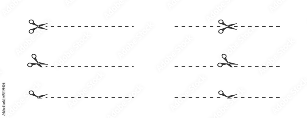 Scissors icon with cut lines set. Flat vector illustrations isolated Scissors icon with cut lines set. Flat vector illustrations isolated