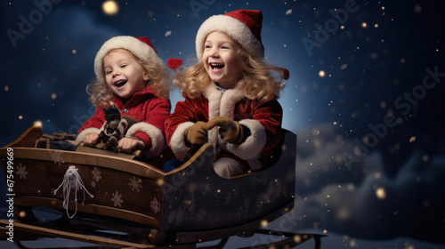 Joyful children in Santa outfits ride a Christmas sleigh filled with gifts and a teddy bear, soaring through a magical snowy night sky.