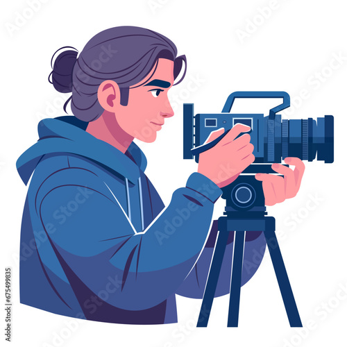 Cinematographer operating a camera on a film set, vector illustration, videographer recording or capturing a video using a film camera on a tripod, side view stock vector image