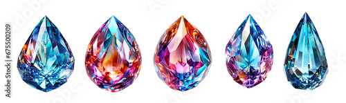 Set of multi-colored, faceted crystals in the form of a drop isolated cutout on transparent background photo