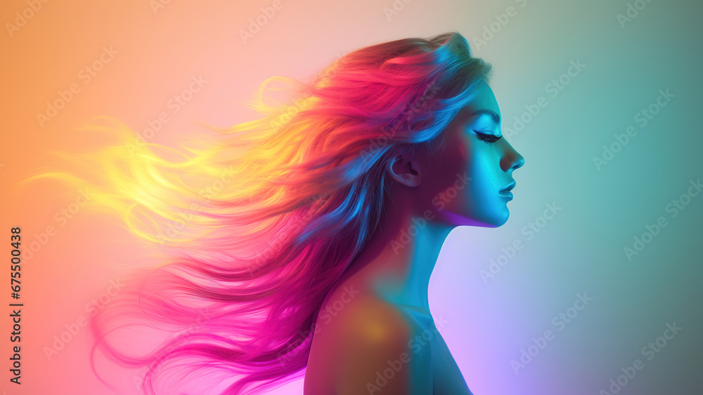 Stunning colorful female portrait, colored gradient hairs, photorealistic art