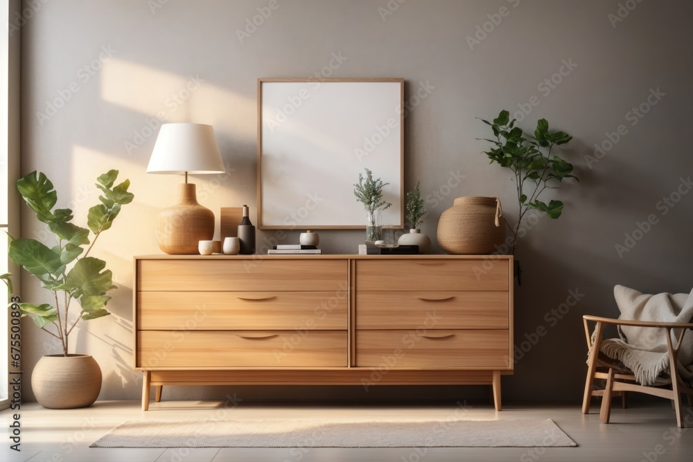 Wooden cabinet dresser against concrete wall. ai generative Wooden cabinet dresser against concrete wall. ai generative