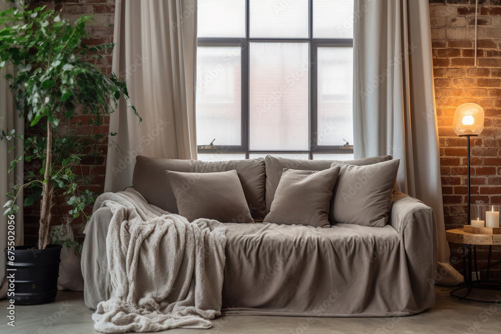 Grey sofa with bed cover and various houseplants in pots near window in living room Grey sofa with bed cover and various houseplants in pots near window in living room