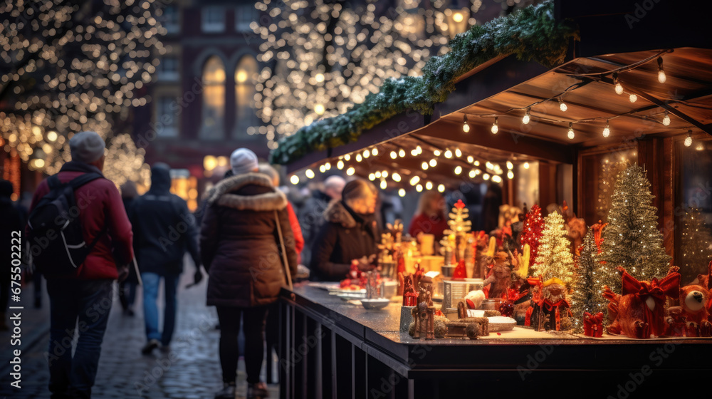 An outdoor Christmas market food stall, with twinkling lights and an evening festive atmosphere in the background. An outdoor Christmas market food stall, with twinkling lights and an evening festive atmosphere in the background.