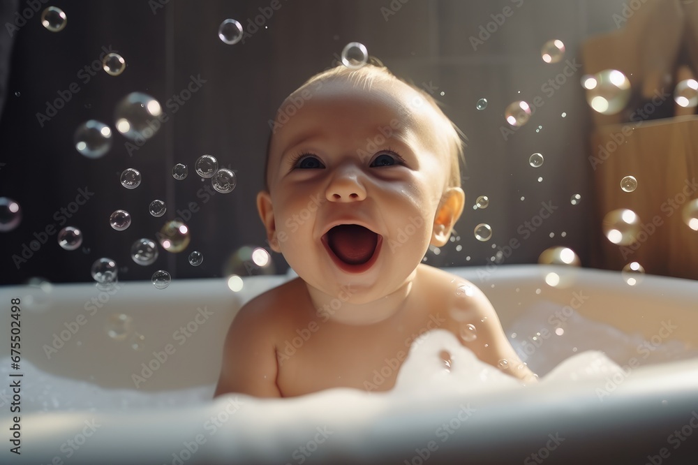 Happy laughing baby takes a bath, playing with foam bubbles. Small child in the bath. Smiling