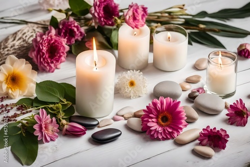 Composition of flowers  candles and stones on white wooden background 