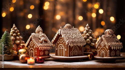 Collection of intricately decorated gingerbread houses with festive icing and candy embellishments