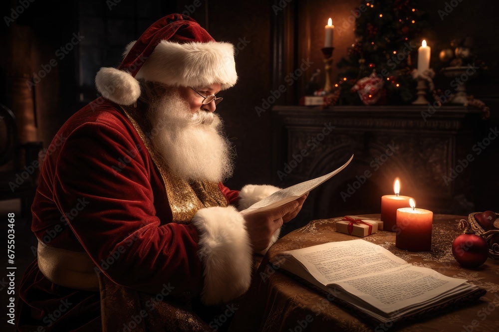 Portrait of Santa Claus sitting at home in his room near the Christmas tree and reading a Christmas letter or wish list., Portrait of Santa Claus sitting at home in his room near the Christmas tree and reading a Christmas letter or wish list.,