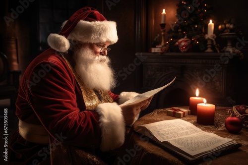 Portrait of Santa Claus sitting at home in his room near the Christmas tree and reading a Christmas letter or wish list.,