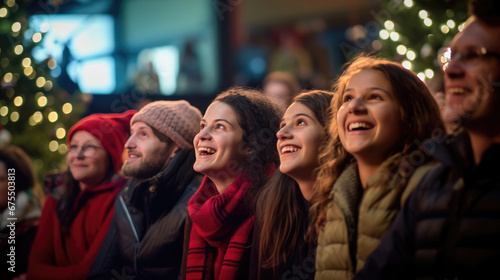 A joyful audience of adults wearing Santa hats and winter clothing, smiling and looking up with expressions of happiness and excitement, gathered indoors possibly during a Christmas event
