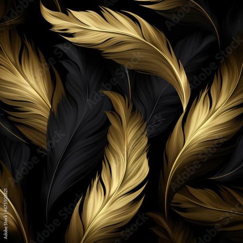Tapeta, tło z czarno złotymi liśćmi i piórami. Ai generative photo