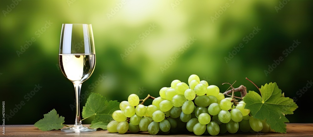 The background of the illustration is a beautiful isolated nature scene with lush green grass leaves and vibrant white fruit highlighted by a wine icon and a sleek design in shades of green