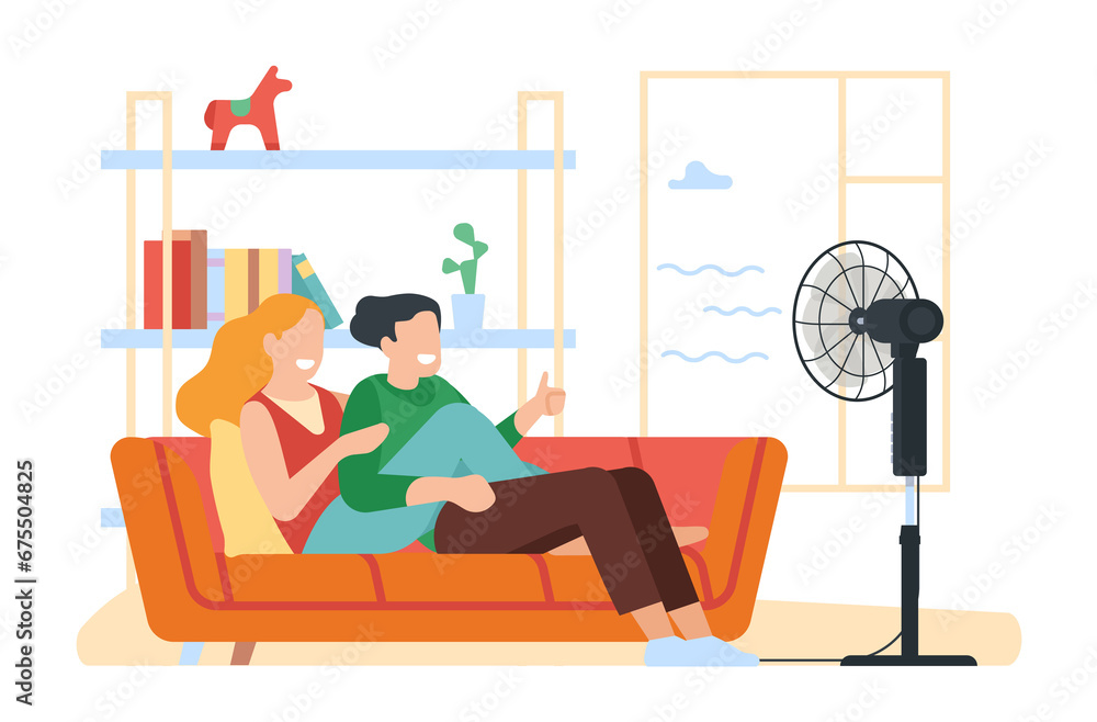 Happy couple guy and girl chill under electric fan at home in summer heat. Man and woman sitting on sofa. Air conditioner. Family relax on couch in front of ventilator. png concept