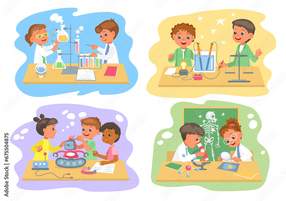 Little students work in laboratories. Happy children in practical biology or chemistry lessons. Physics class. Young scientists study. Kids group programming robots. Splendid png set Little students work in laboratories. Happy children in practical biology or chemistry lessons. Physics class. Young scientists study. Kids group programming robots. Splendid png set