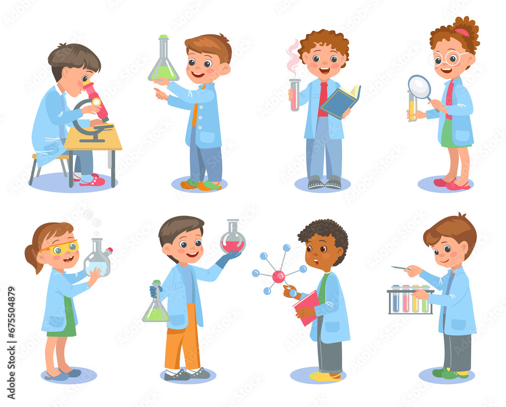 Little scientists. Kids in lab coats hold test tubes. Chemical flasks and beakers. Young chemists or biologists. Physicists scientific experiments. Laboratory research. Splendid png set