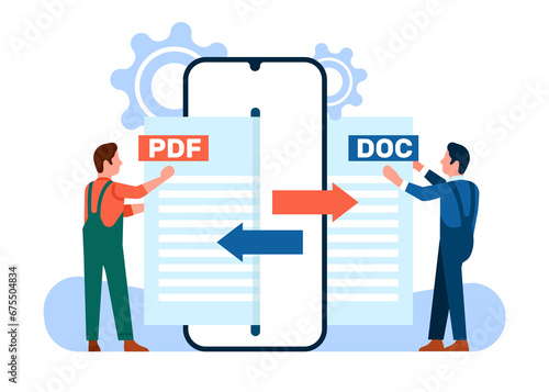 Convert Pdf to doc file. People using app on cellphone. Mobile converter technology. Men online exchange document extension formats. Smartphone application. Text remake. png concept