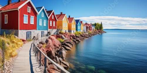 A row of red houses sitting next to a body of water. photo