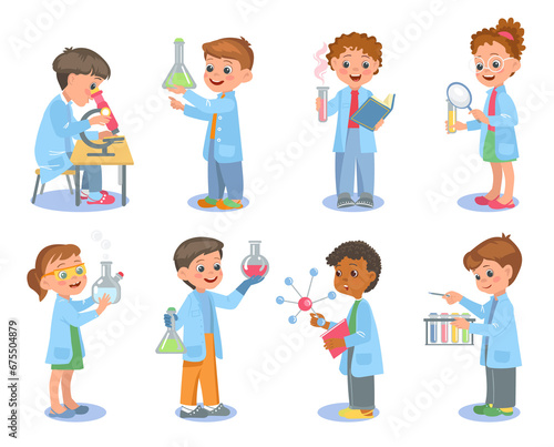 Little scientists. Kids in lab coats hold test tubes. Chemical flasks and beakers. Young chemists or biologists. Physicists scientific experiments. Laboratory research. Splendid png set