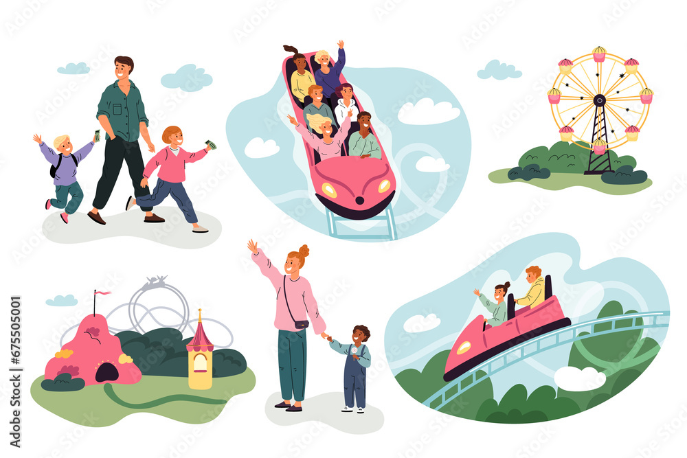 Entertainment park elements. Roller coaster trailers. Cute attractions visitors. Parents with kids. Fairground carousel. Ferris wheel and cirque tent. Family leisure. Garish png set