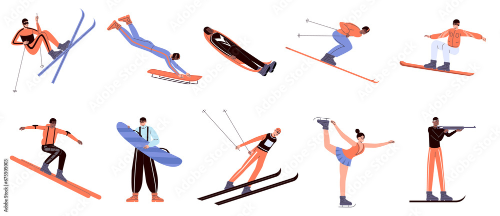 People engaged in winter sport games. Professional athlete characters. Cartoon skiers or biathletes. Figure skaters. Olympic championship. Extreme race. png isolated sportsmen set