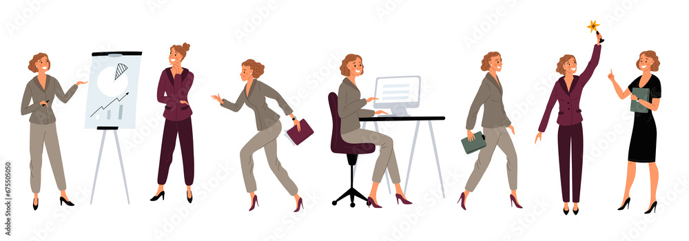 Cartoon business lady. Office routine. Smiling woman in suit successfully solves problems. Businesswoman presenting project or working at computer. Corporate character. Garish png set