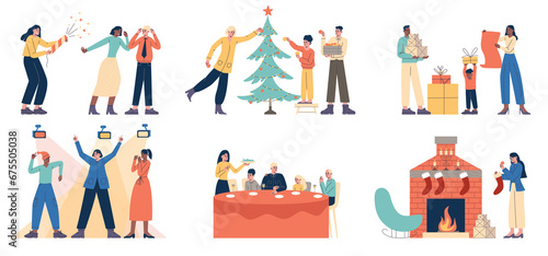 People celebrating Christmas. Cartoon happy families preparing to New Year. Happy children decorate tree. Festive dinner and party. Funny persons disco dancing. Xmas celebration png set