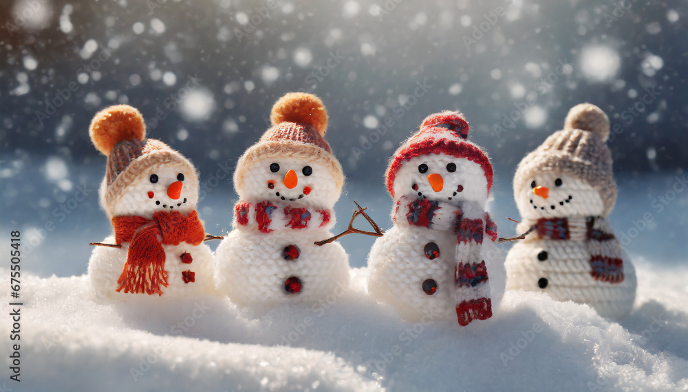 Little knitted snowmans on soft snow Little knitted snowmans on soft snow