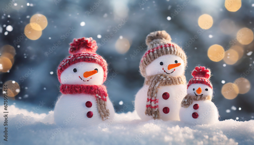 Little knitted snowmans on soft snow Little knitted snowmans on soft snow
