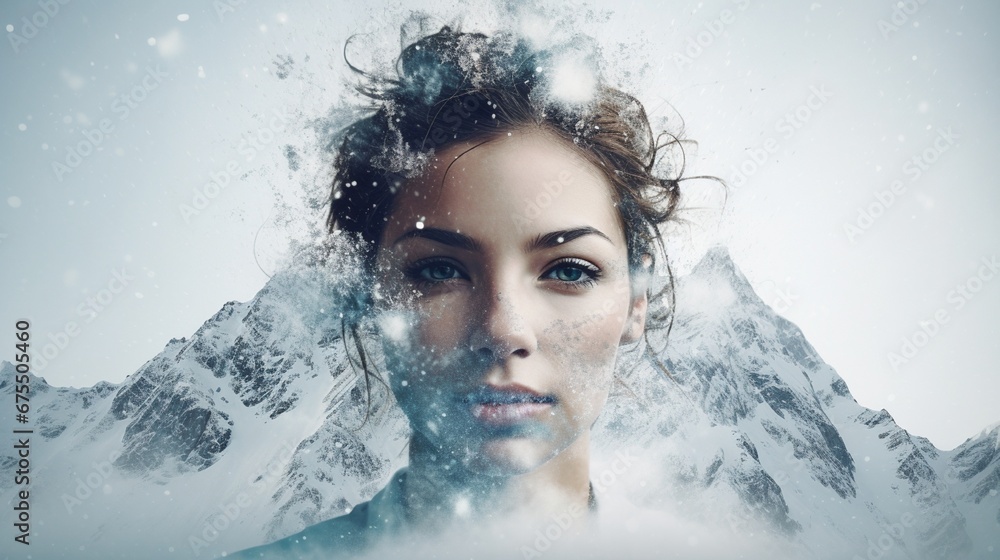 Double exposure integrating a young woman's face with a snowy mountain peak, isolated Double exposure integrating a young woman's face with a snowy mountain peak, isolated
