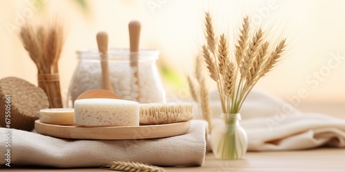 Eco friendly spa relax banner with mockup of bath beauty product, loofahs and washing brush on wooden podium with rye and wheat ears. Wellness and skin care treatment. photo