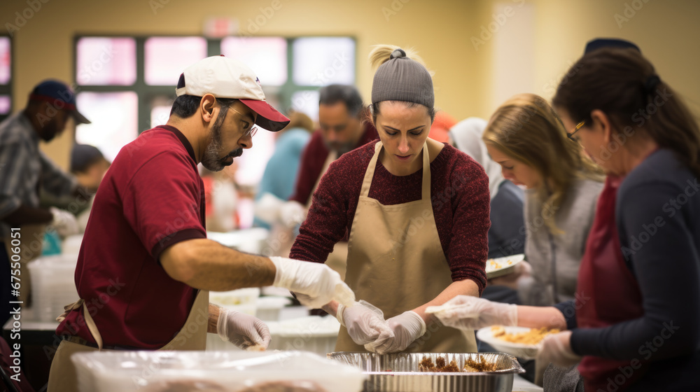 Several volunteers, both men and women, work diligently in an indoor setting to serve food to community members during a charity event. Several volunteers, both men and women, work diligently in an indoor setting to serve food to community members during a charity event.