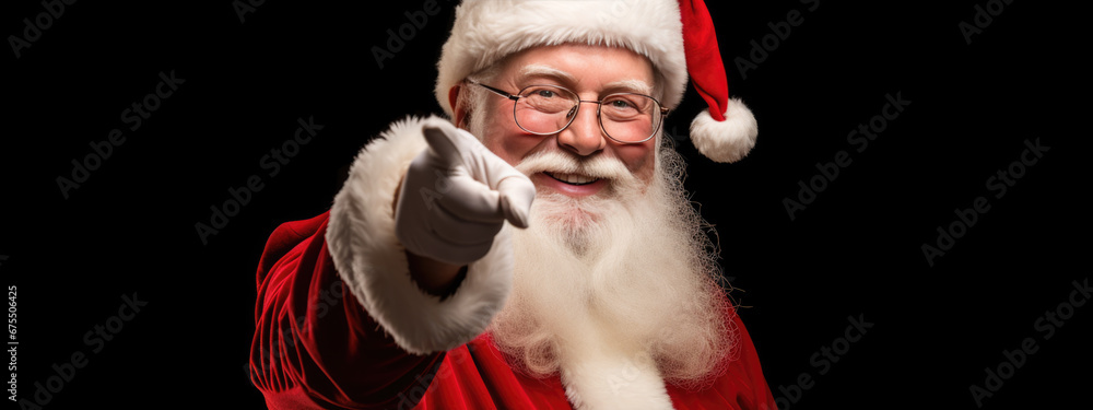 Santa Claus in his iconic red and white attire is joyfully pointing forward with a warm, inviting smile, embodying the spirit of Christmas. Santa Claus in his iconic red and white attire is joyfully pointing forward with a warm, inviting smile, embodying the spirit of Christmas.