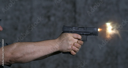 Obraz na plátne Single Shot Firing of Stoeger STR-9 9mm Pistol at Shooting Range, Detailed in 80