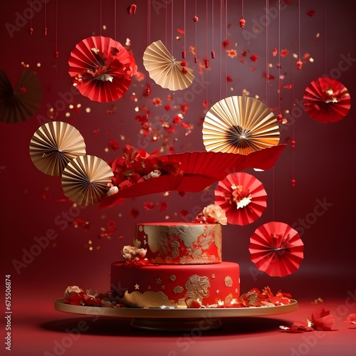 Chinese new year red cake on a table decorated for a party celebration