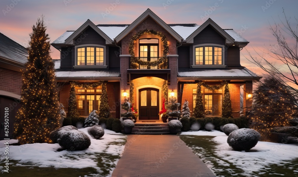 Exterior christmas decorations in the snow, suburban USA house covered christmas lights and festive decorations for the holiday season, Winter evening, Merry christmas and happy new year Exterior christmas decorations in the snow, suburban USA house covered christmas lights and festive decorations for the holiday season, Winter evening, Merry christmas and happy new year