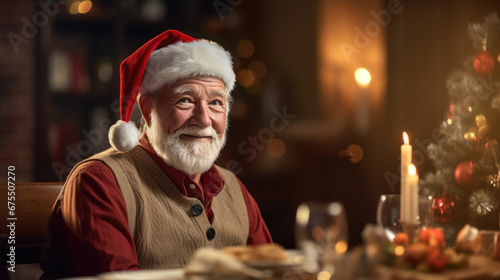 Elderly man smiling at a Christmas dinner table, with a decorated tree in the background and holiday decorations on the table