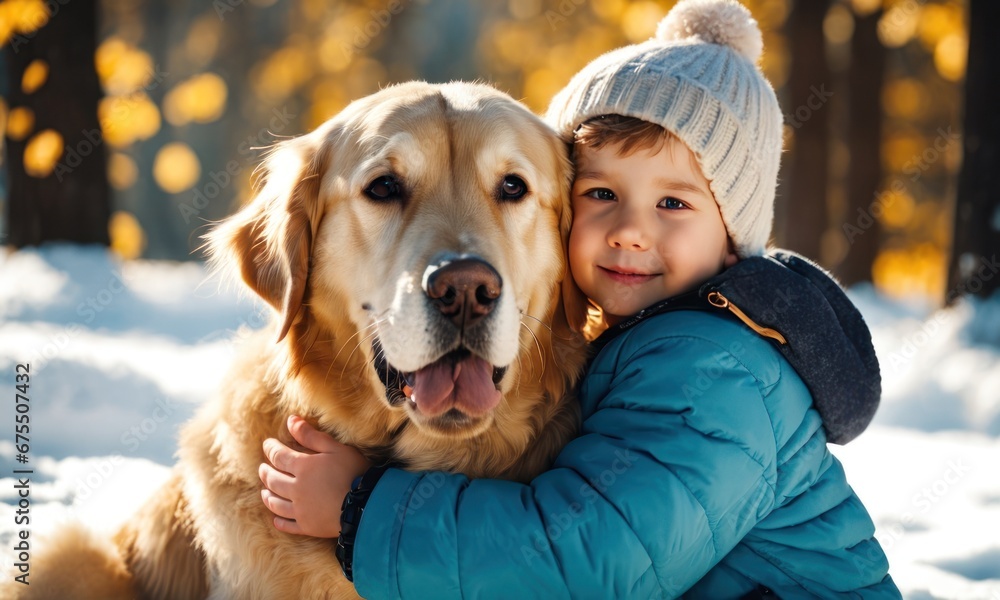Adorable kid hugging his golden retriever in snowy forest. Happy child with big dog outdoors at winter. Boy and his dog best friend having fun in park. Girl with cute family dog