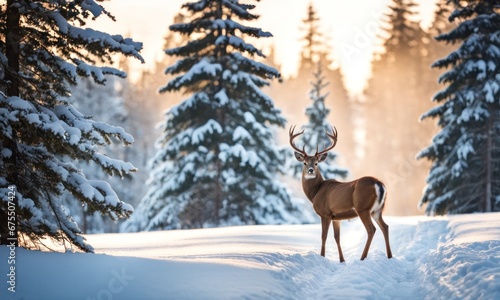 Beautiful Deer male with big horns in the winter snowy forest. Winter natural background. Christmas image. Sunny and frosty winter day © useful pictures