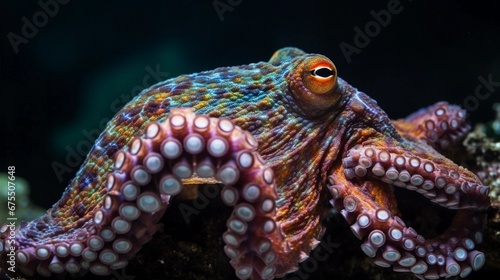 side view, close up of green blue octopus in the ocean.  © Naige