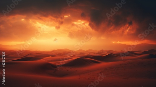 Double exposure merging desert dunes and a dusky, fiery sky