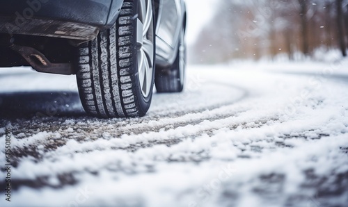 Winter tire. SUV car on snow road. Tires on snowy highway detail. close up view. Space for text. The concept of family travel to a ski resort. Winter or spring holidays adventures